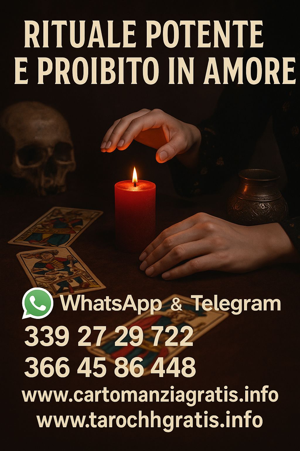 Rituale d'amore potente e proibito con candele rosse, simboli esoterici e carte dei tarocchi per attrarre la persona amata