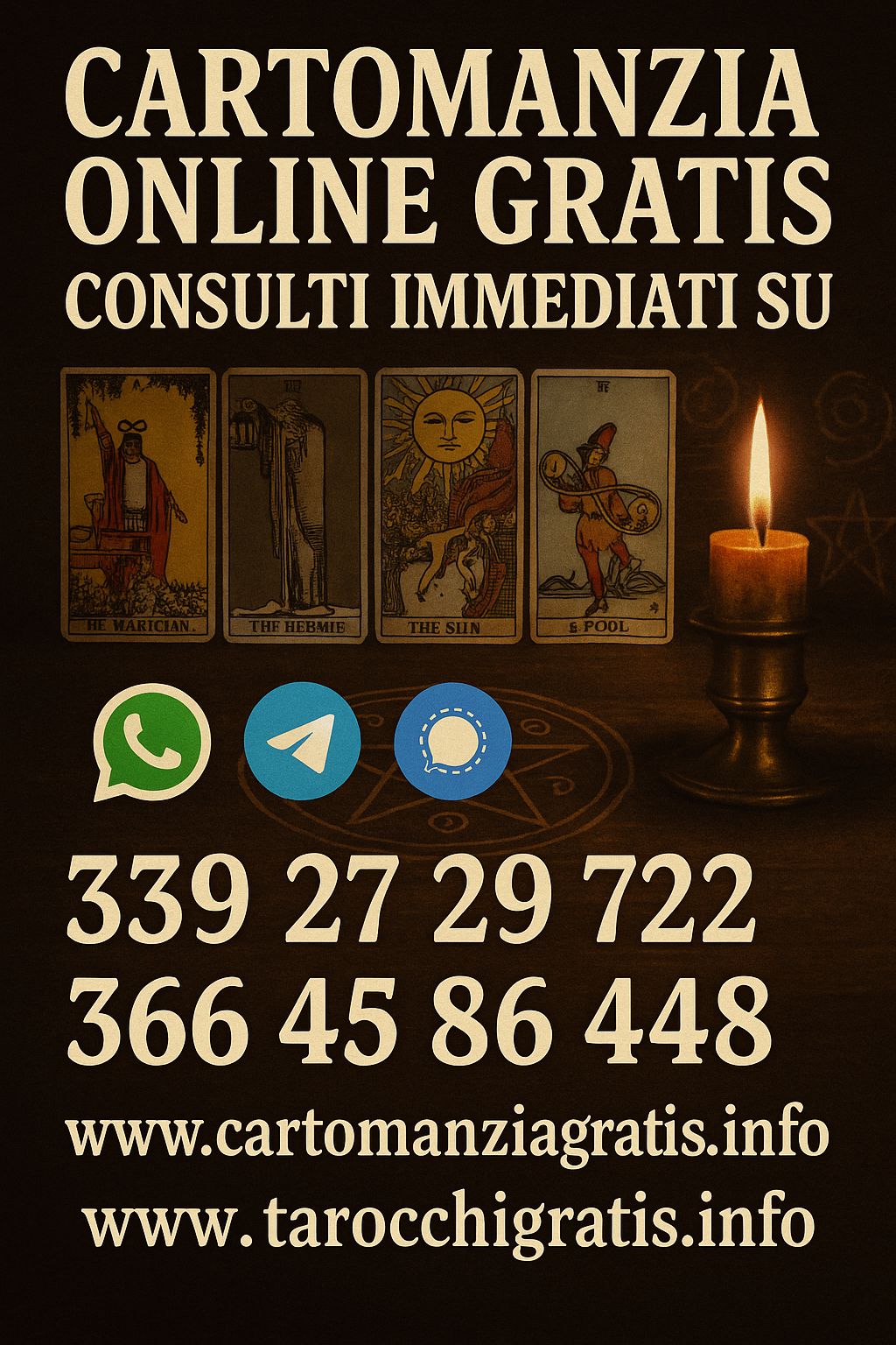 Cartomanzia online gratis con consulti immediati su WhatsApp, Telegram e Signal - numeri diretti per risposte rapide ai tuoi dubbi amorosi e spirituali